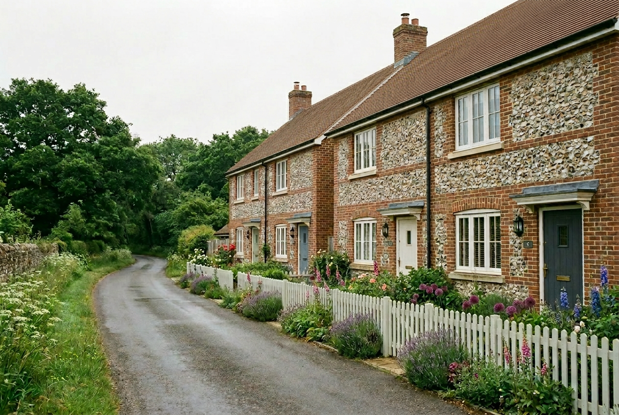 Four new-build brick and flint homes along a village lane