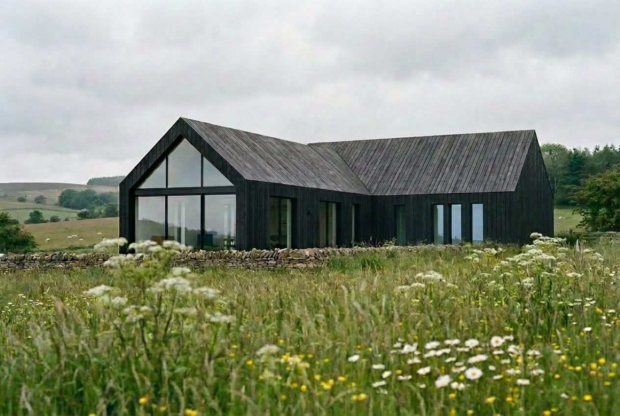 Black timber-clad barn house in a wildflower meadow